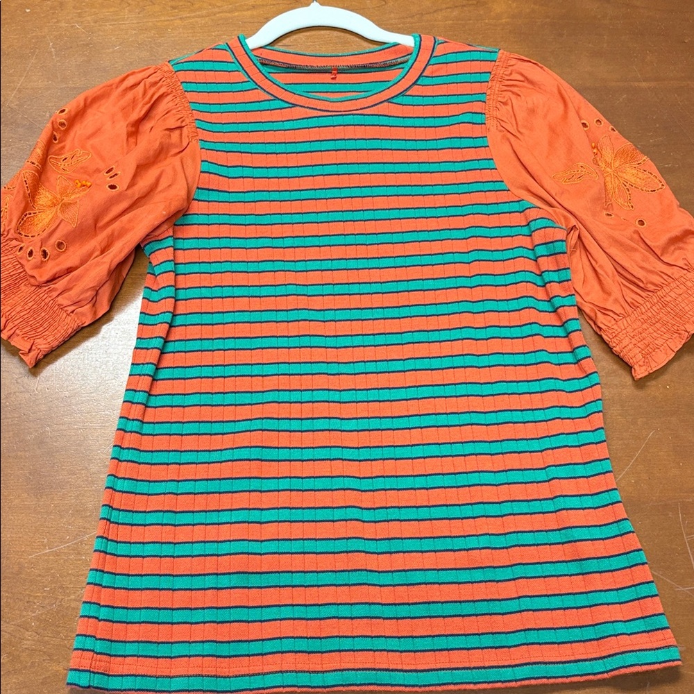 Vibrant Striped Top with Embroidered Sleeves